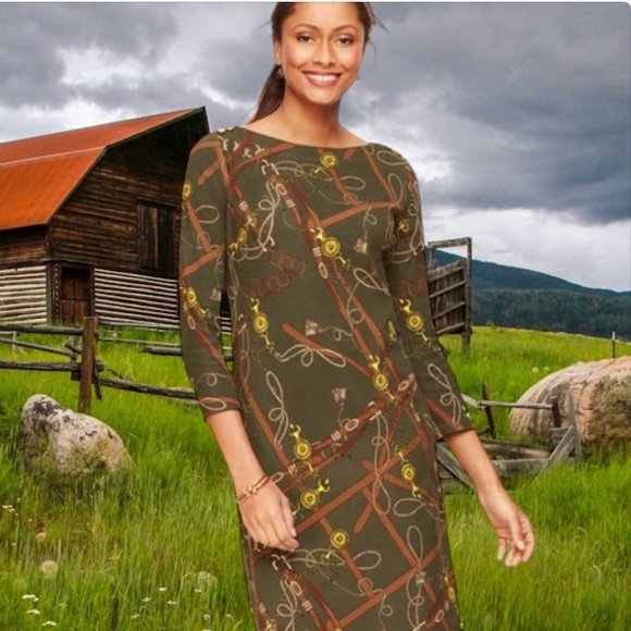 Talbots Dresses & Skirts - TALBOTS PETITE OLIVE GREEN EQUESTRIAN PRINT SHIFT DRESS SIZE LP